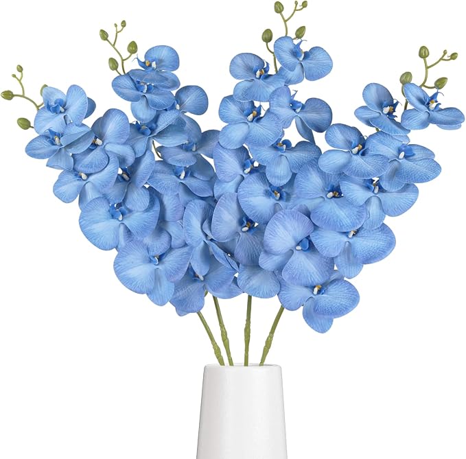 4PCS Faux Orchid Artificial Flowers, 35inch Long Stem Phalaenopsis Branches，Fake Orchid Flowers for Tall Vase Home Wedding Party Decoration (Light Blue)