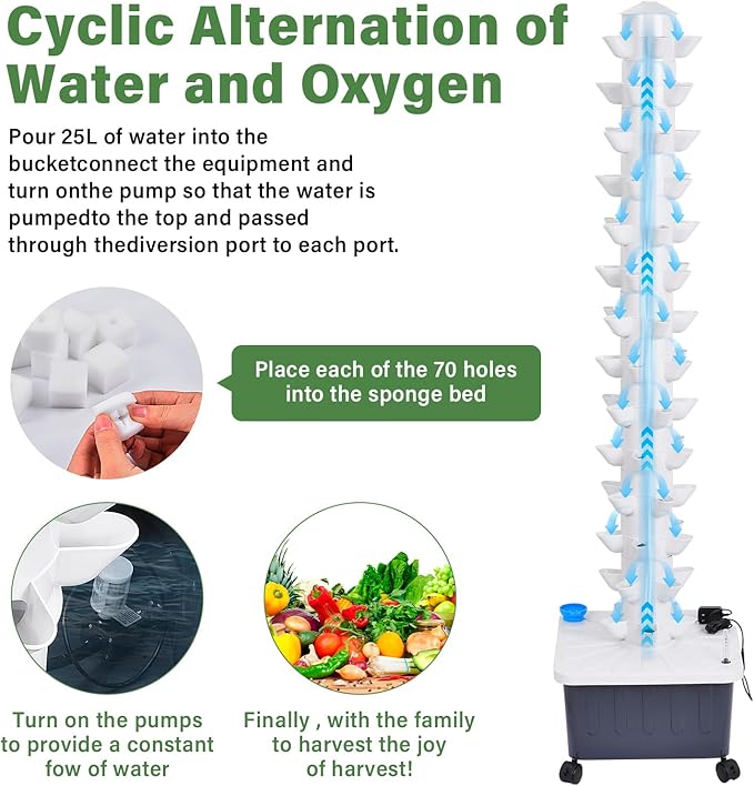 14-Layer 70 Slots Hydroponic Grow Tower Kit, Vertical Indoor Outdoor Growing System with Movable Water Tank, Hydrating Pump, Timer and Adapter for Vegetables, Strawberries, Lettuce
