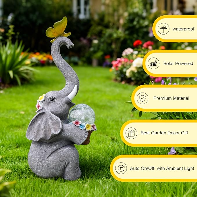 MuliVid Elephant Garden Statue Solar Lights Outdoor Garden Decor for Patio, Yard, Lawn, Balcony Elephant Decor Birthday Gifts for Women Mom Grandma Animal Lovers