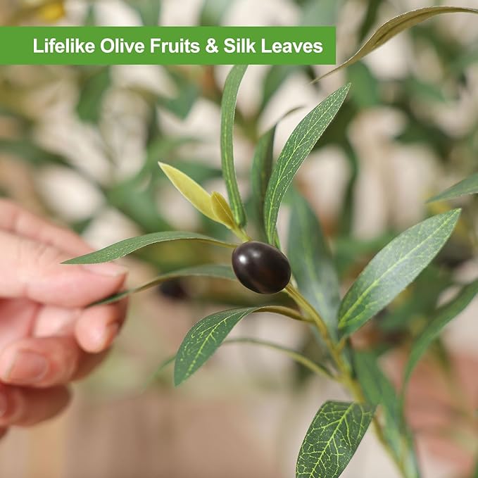 Faux Olive Tree 6FT – Tall Artificial Plants Indoor with Real Wood Trunk & Seagrass Basket, Lifelike Silk Leaves & Fruits – Potted Large Fake Trees for Home, Living Room, Bedroom & Office Decor