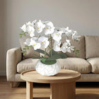 Artificial Orchid with 3D Printed Vase, 24 Stems Realistic Fake Phalaenopsis, Adjustable Silk Flowers for Home Decor, Wedding Table Centerpieces, 2 Bunches + White
