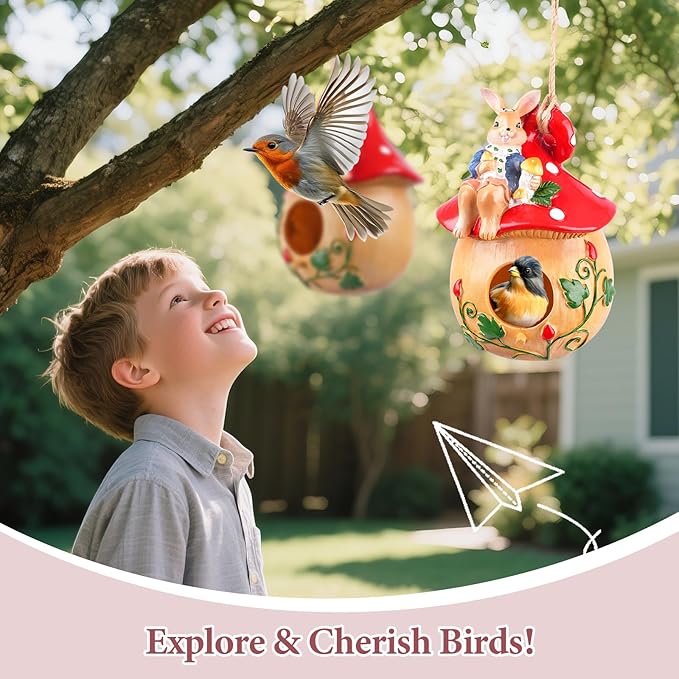 Bird Houses for Outside – Hand-Painted Decorative Bird House, Waterproof Resin Hanging Birdhouse for Patio, Yard, Porch & Garden Decor