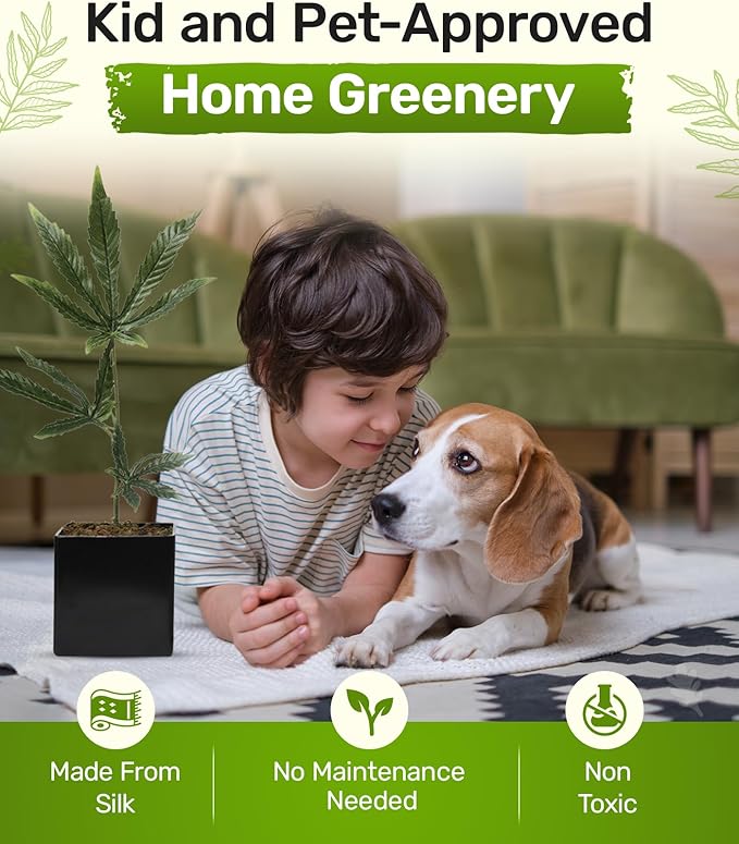 15 Inch Cannabis Fake Weed Plant for Home Decor with Black Pot – Lifelike Artificial Marijuana Leaf, Zero Maintenance Faux Indoor Plant for Room, Office, Shelf, Pranks & Gifts, UV Resistant