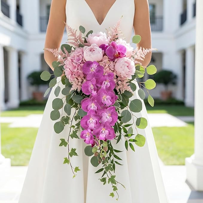 6PCS Purple Artificial Orchids 27’’ Faux Phalaenopsis Orchids Silk Flowers with Stems for Floral Arrangements Home Wedding Dining Table Party Garden Decoration(Purple)