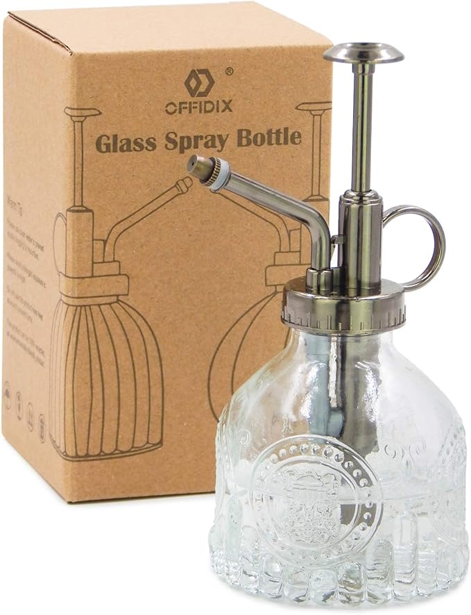 OFFIDIX Plant Mister Glass Spray Bottle, 6.3"Tall Vintage Plant Spritzer Watering Can, Succulent Watering Bottle with Plastic Bronze Plastic Top Pump, Can for Outdoor Indoor Garden, Cleaning Solutions