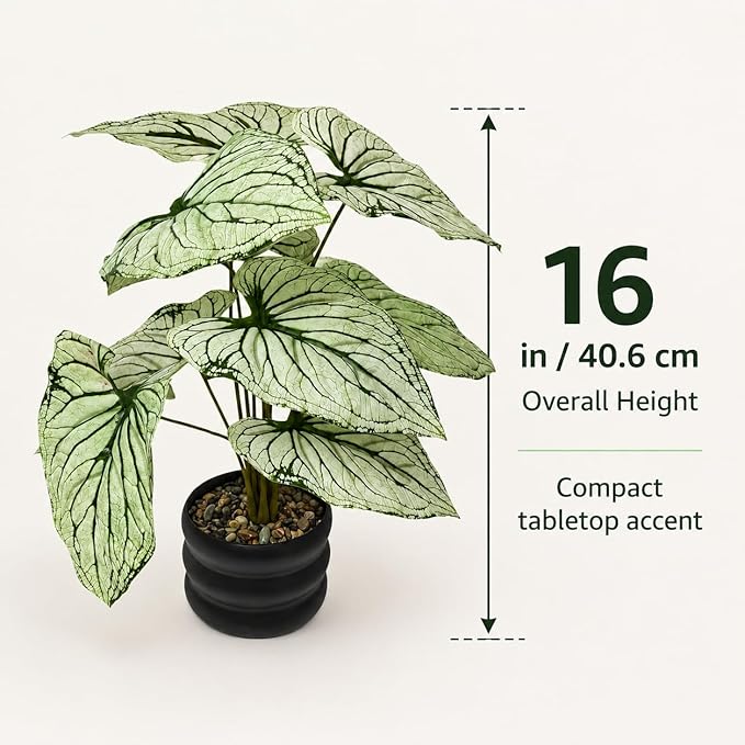 16'' Fake Plant Tall Artificial Caladium Plants Indoor with Black Planter Design, for Home Living Rooms Patios Porches Bathrooms Outdoor Decor (Green)