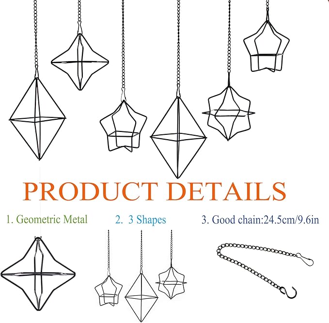 Geometric Air Plant Hanger 6 Pack Black Metal, 3 Shapes & 2 Sizes with Detachable Chains, Modern Himmeli Wall Hanging Planter for Tillandsia Indoor Home Decor