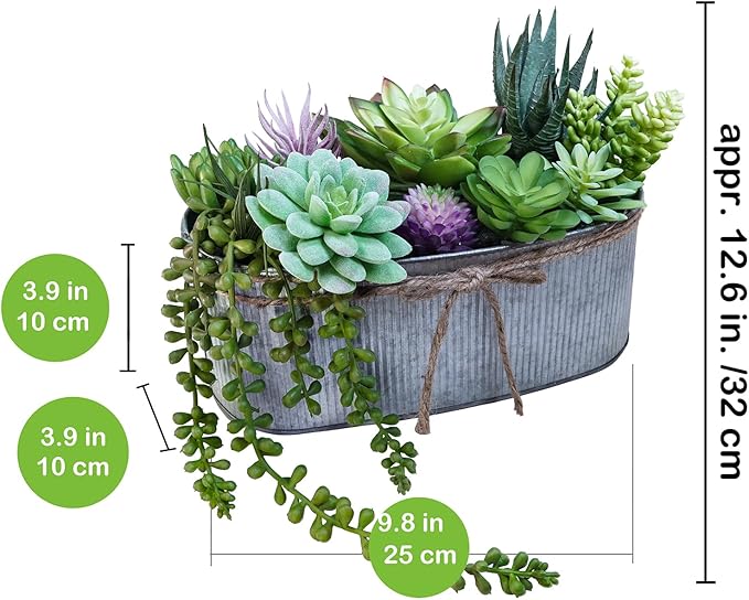 Winlyn 10" Artificial Succulent Arrangement Centerpiece Fake Succulent Plants in Rustic Metal Oval Planter Faux Potted Succulents for Home Office Bedroom Table Windowsill Shelf Mantel Decor