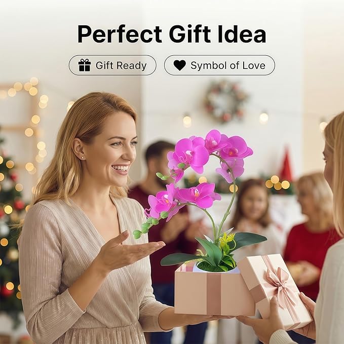 Artificial Orchid with 3D Printed Vase, Lifelike Fake Phalaenopsis Orchid Flowers, Realistic Silk Orchids for Home Decor Living Room, Deep Purple