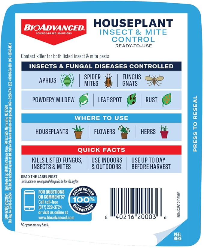 BioAdvanced Houseplant Insect & Mite Control, Ready-to-Use Fungal Disease & Fungus Gnats Killer, 24 oz, Plant Spray for Fungus Gnats