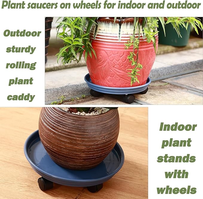 Planterhoma 4 Packs Heavy-Duty Plastic Plant Caddy with Wheels - 11.8" Rolling Plant Stand - Strong Load Bearing - 360 Rotated Wheels - Indoor/Outdoor Use