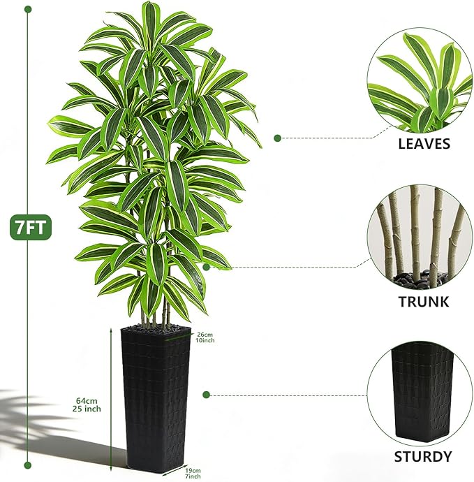 Artificial Yellow Dracaena Tree - 7FT Tall Fake Plants with Black Planter - Artificial Plants Indoor Floor Plant in Pot - Large Tropical Fake Yucca Potted Tree for Home Office Living Room Decor