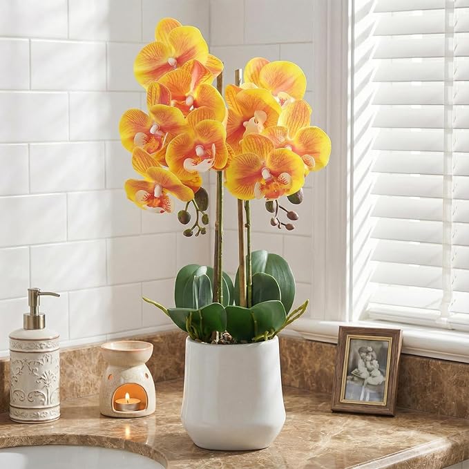 Orchids Artificial Plant in Ceramic Pot 18.5" Faux Orchid Phalaenopsis Flowers Arrangement for Home Office Table Centerpiece Indoor Decor, Orange