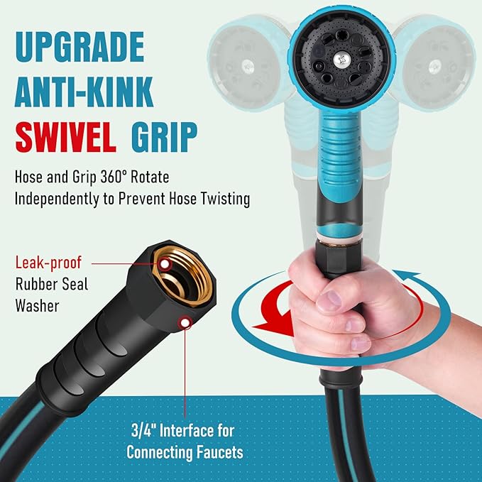 Heavy Duty Garden Hose 100 ft, NON-EXPANDABLE Water Hose with 10 Function Spray Nozzle, Lightweight Kink-less Hybrid Hose with Swivel Handle, Male to Female Fittings