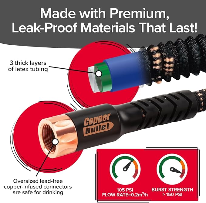 Pocket Hose 100 FT Copper Bullet Expandable Garden Hose w/10 Pattern Thumb Spray Nozzle AS SEEN ON TV 650psi 3/4 in Patented Lead-Free Ultra-Lightweight Solid Copper Anodized Aluminum