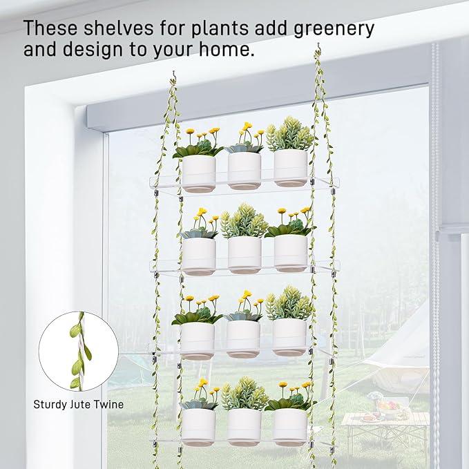 Sumerflos Acrylic Window Boxes Window Plant Shelves 4 Tier - Clear Hanging Shelf Indoor Jute Twine Adjustable Plant Holder for Window Wall Living Room Balcony Natural