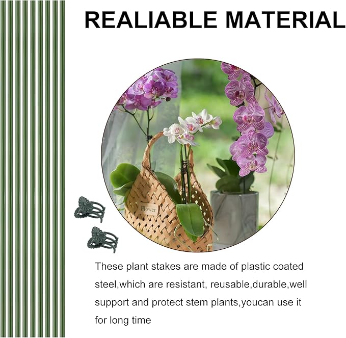 10Pcs Plant Support Stakes with 15pcs Plant Clips,15.7 Inches Bendable Plant Sticks for Indoor and Outdoor Plants,Single Stem Flower Stakes for Phalaenopsis Orchid Flower Roses(Green)