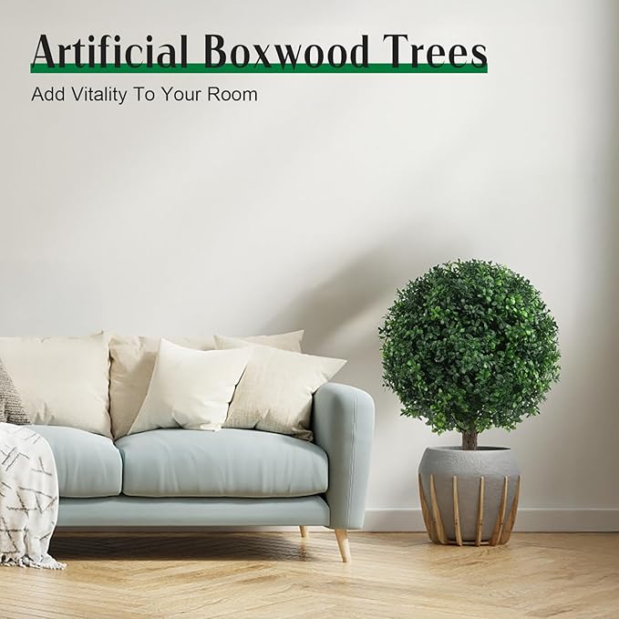 AOKIIE Set of 2 Artificial Boxwood Topiary Ball Trees for Outdoor with Ground Spike 22", UV Resistant Faux Greenery Shrubs, Fake Boxwood Plants for Indoor, Garden, Yard, Porch, Patio Decor