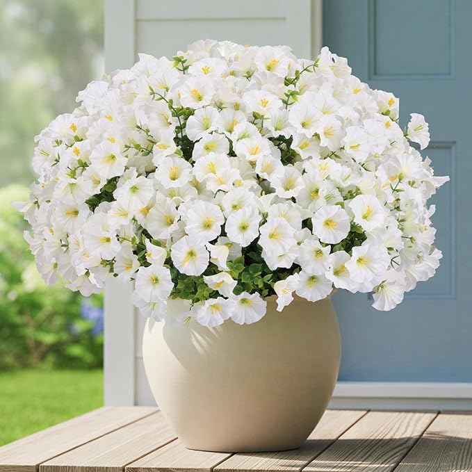 CEWOR 24 Bundles Artificial Flowers for Outdoor Indoor, Fake Silk Morning Glory with Eucalyptus Leaves, Faux Flower for Garden Front Door Porch Planter Patio Home Decor (White)
