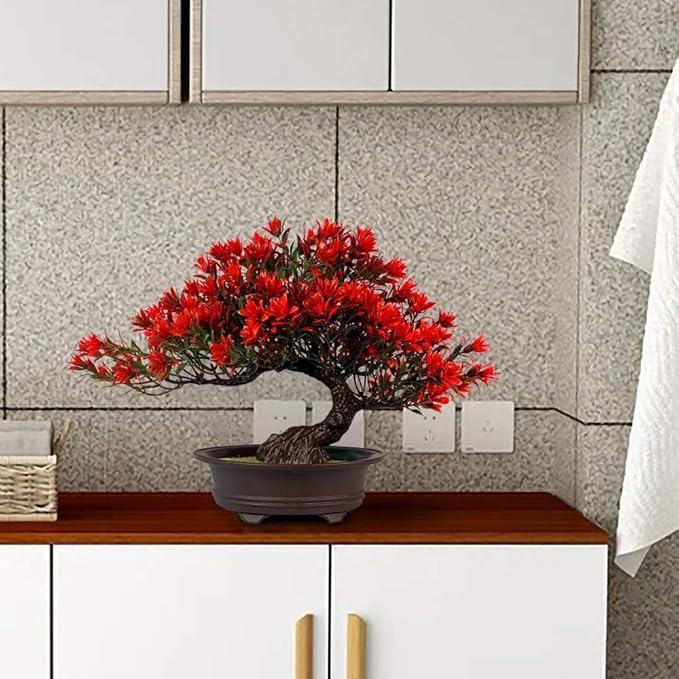 Artificial Bonsai Tree Fake Plants for Home Decor, Living Room Bathroom Bookshelf Entryway Table Wall Shelf Modern Farmhouse Decor, 9.5" Tall, Red