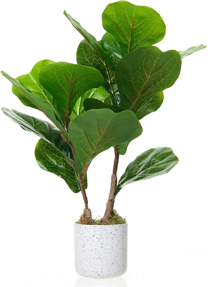2 Set Fiddle Leaf Fig Fake Plants, 15.7" Faux Green Bonsai Tree with White Marble-Look Pot with Black Speckles, Cement Moss Base, Decorative Artificial Plants Indoor for Home & Office