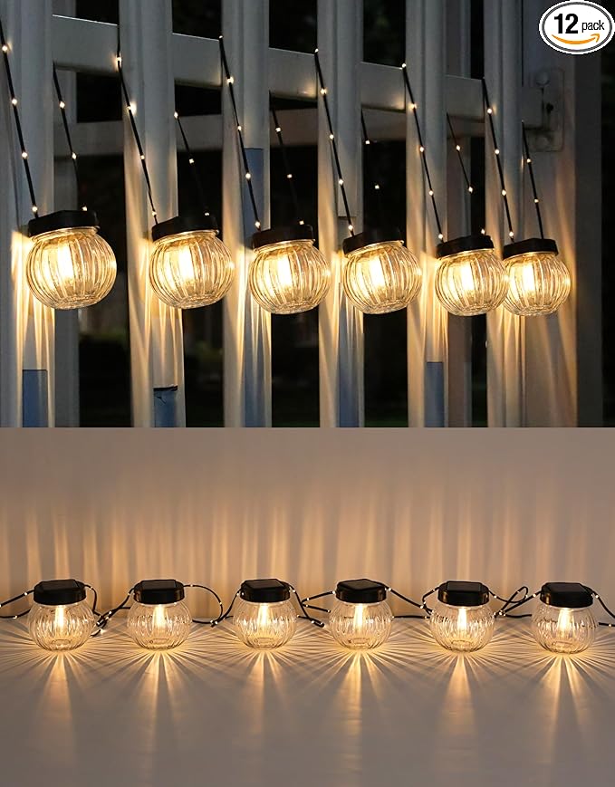 PARTPHONER Solar Lights Outdoor Waterproof 12-Pack, Solar Powered Hanging Lantern Ribbed Glass Hanging Globes for Yard Decor Christmas Decoration, Shepherd Hook, Garden Tree Ornaments, Clear