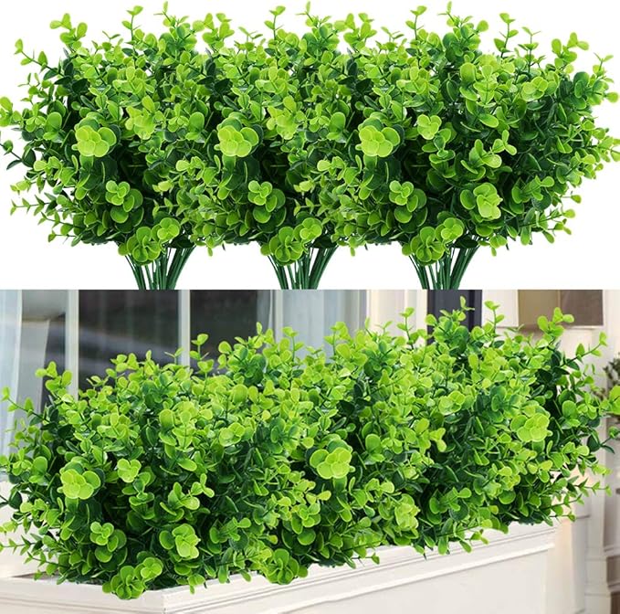 24 Bundles Outdoor Artificial Boxwood Stems Faux Plants Shrubs, Fake UV Resistant Greenery Foliage Spring for Farmhouse, Home, Garden, Office, Patio, Wedding Decor