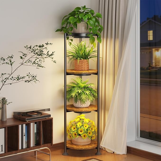 iDavosic.ly 4 Tier Plant Stand Indoor with Grow Light, 30 Inch Tall Vertical Corner Metal Flower Heavy Duty Pot Holder Shelf, Modern Black & Rustic Brown - Round