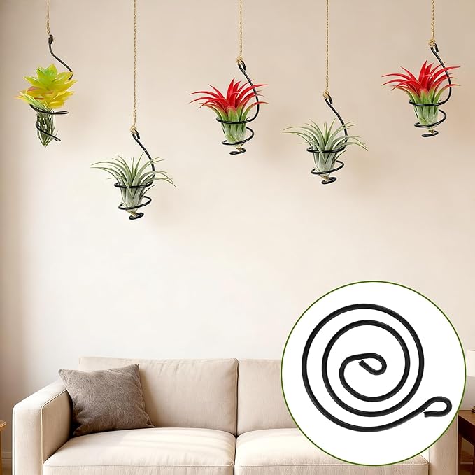 6 Pcs Hanging Air Plant Holders with Jute Ropes, Soilless Air Plant Stand Adjustable Rust-Resistant Iron Rings for Home Office Decor
