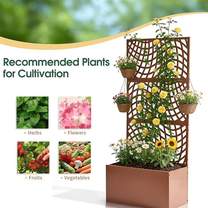 Outvita Metal Planter Box with Trellis, 71’’ x 32’’ x 16’’ Raised Garden Bed with Drainage Holes for Climbing Plants, Vegetables, Vines, Wavy Grid Cutout Privacy Planters for Patio (Brown)