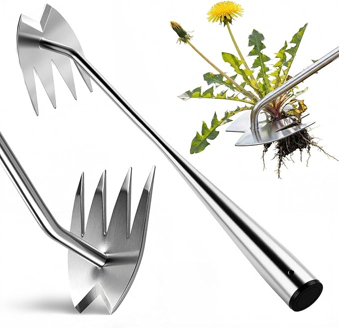 LOOHOI Upgraded Weed Puller Tool, 4-Tooth Stainless Steel Manual Weeder, Garden Weed Remover Tool for Vegetable Gardening Backyard Farm Planting & Weeding