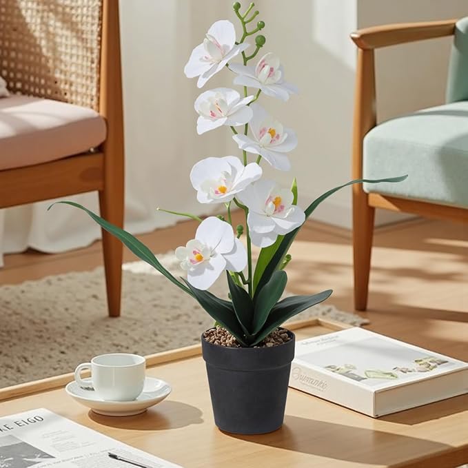 White Artificial Orchids Flowers in Pot, Faux Orchids Fake Flowers Potted Plants Real Touch Phalaenopsis Orchids Table Centerpiece for Home Living Room Bathroom Office Decor