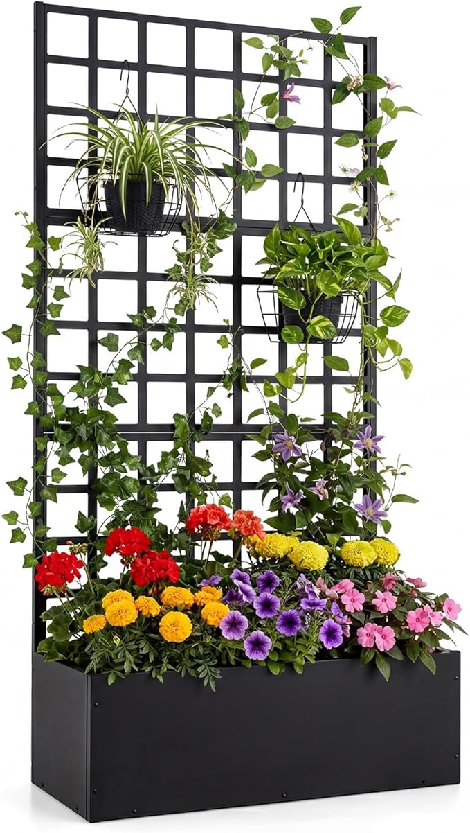 Giantex Metal Raised Garden Bed with Trellis, 36" x 16" x 77" Galvanized Planter Box w/Drainage Holes for Climbing Plants Vegetables Flowers, Outdoor Privacy Screen for Patio Backyard Balcony,