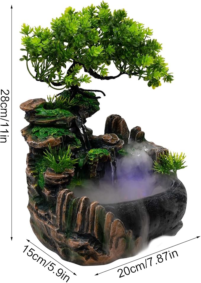 11-Inch Tabletop LED Waterfall Fountain with Atomizer – Quiet Resin Rockery Mist Humidifier for Bedroom, Office, Meditation or Gift Décor
