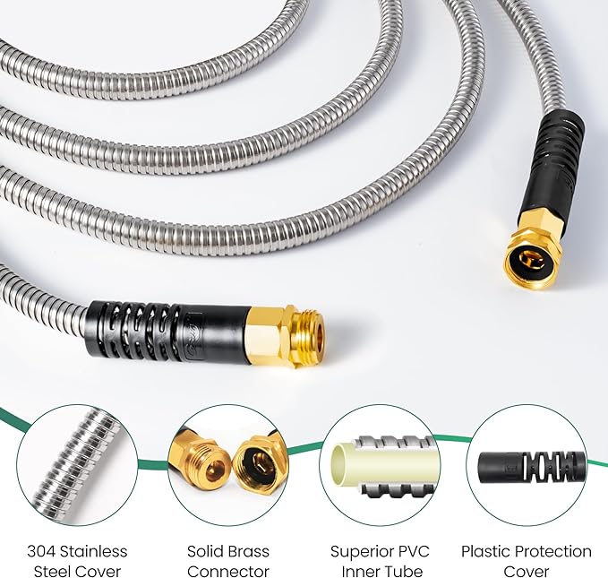 Cesun 10 FT Metal Garden Hose, Drinking RV Water Hose, Reinforced Metal Fittings, Dehumidifier Drain Hose Connector Extension, Reel Extender for Yard