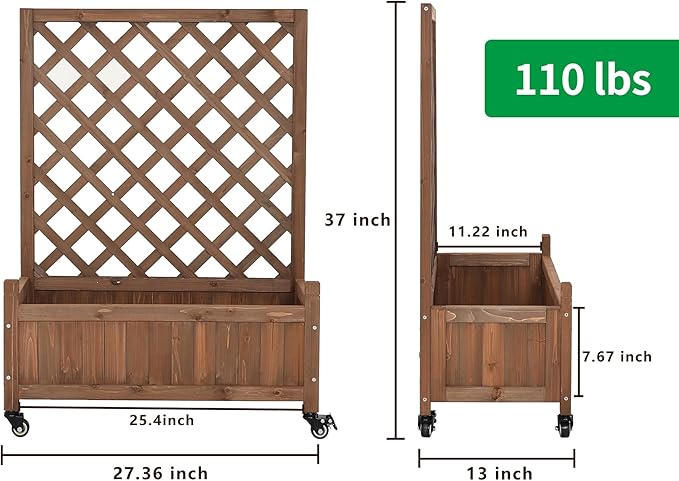 2 Pcs Wooden Planter Boxes with Trellis: Four Universal Wheels for Easy Mobility, 37.6" H x 27.5" W x 13" D,Perfect for Outdoor Climbing Plants on Patios, Balconies & Gardens