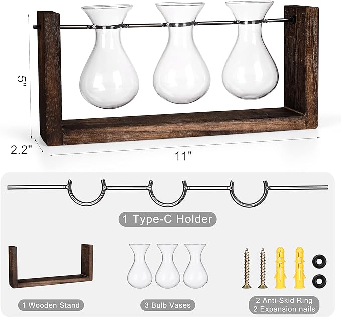 YIBOT Wall Hanging Planter Propagation Station Glass Flower Vase for Hydroponics Plants, Plant Terrarium with Wooden Stand, Bathroom, Home Office Living Room Decor Gift