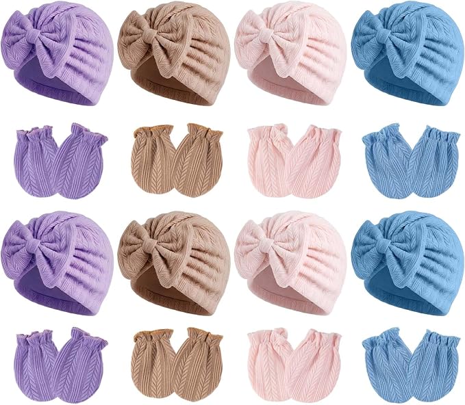 Newborn Baby Girl Hats Mittens Set Cotton Hospital Bow Hat Beanies Caps Gloves for New Born Girls 0-6 Months