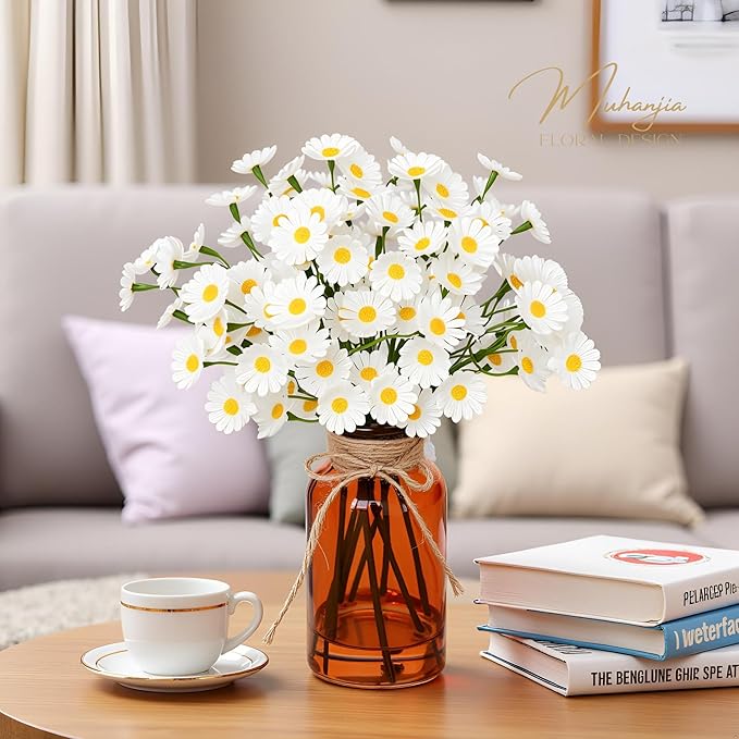 Muhanjia Artificial Daisy Flowers in Amber Glass Vase with Faux Water,9Pcs White Artificial Silk Flowers with Stems for Centerpiece (Daisy)
