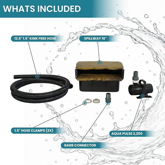 HALF OFF PONDS Filtering Waterfall Spillway Kit | 16-inch lip, Rock lid, 2200 GPH Aqua Pulse pump, 12.5 ft tubing, Backyard water gardens