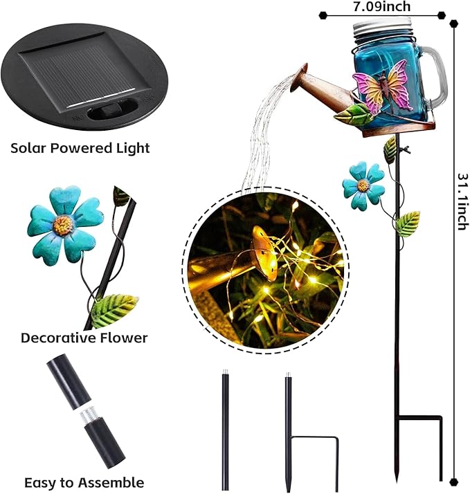 SRNPMIU Solar Watering_Can Light, Yard Outdoor Decor Lights, IP65 Waterproof, Hanging Butterfly Garden Light, Outside Garden Flower Bed Decor, Women Gift, Birthday Gifts