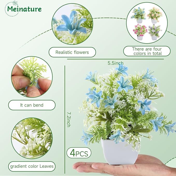 Mini Artificial Faux Plants 4 Packs, Small Fake Plants with Flowers, Black Potted Greenery for Bathroom Office Home Conference Table & Indoor Desk Decor Farmhouse Kitchen Library Restaurant