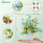 Mini Artificial Faux Plants 4 Packs, Small Fake Plants with Flowers, Black Potted Greenery for Bathroom Office Home Conference Table & Indoor Desk Decor Farmhouse Kitchen Library Restaurant