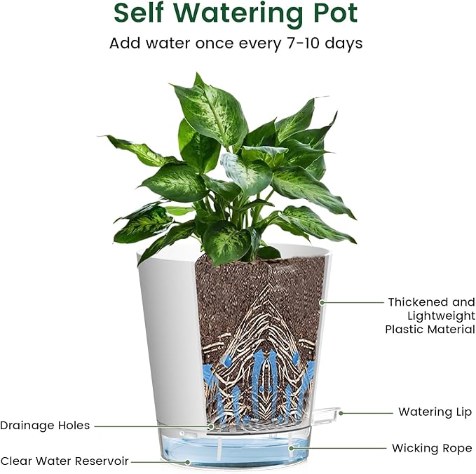 Meowell 7 inch Self Watering Pots for Indoor Plants, 5 Pack Plant Pots with Drainage Holes & Clear Reservoir for Visible Water Level, Plastic Wicking Planter Pots for House Plants and Flower, White