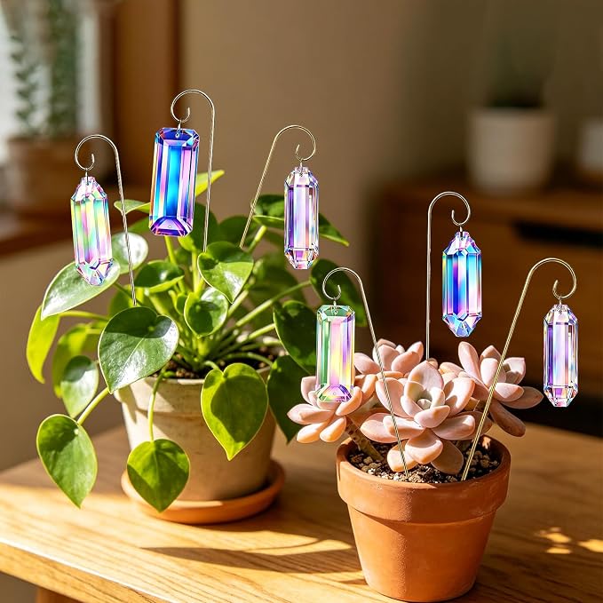 3 Pack Big Crystal Suncatcher Plant Stakes with Golden Trellis – AB Colored Prisms for Indoor Potted Plants, Rainbow Maker Garden Sun Catcher, Window Hanging Crystals for Home Outdoor Decor