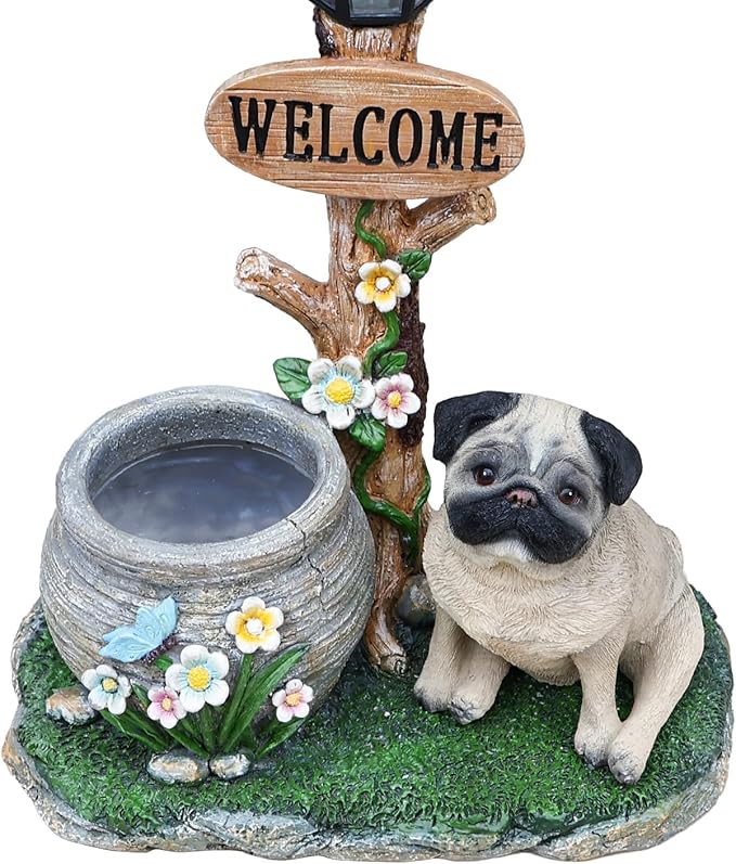 Animal Outdoor Statue Planter Solar Light Welcome Garden Sculpture Resin Flower Pot Decorative Porch Patio Yard Lawn Entryway Figurine with LED Lamp Rustic Plant Holder Ornament Courtyard (O)