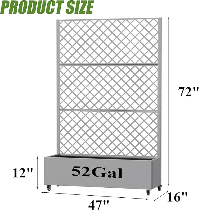 Casaphoria Metal Raised Garden Bed with Trellis and Wheels, 72"x47"x16" Arched Planter Box for Climbing Plants, Vegetables & Vines, Features Drainage Holes and Privacy Screen, Grey-Rhombus