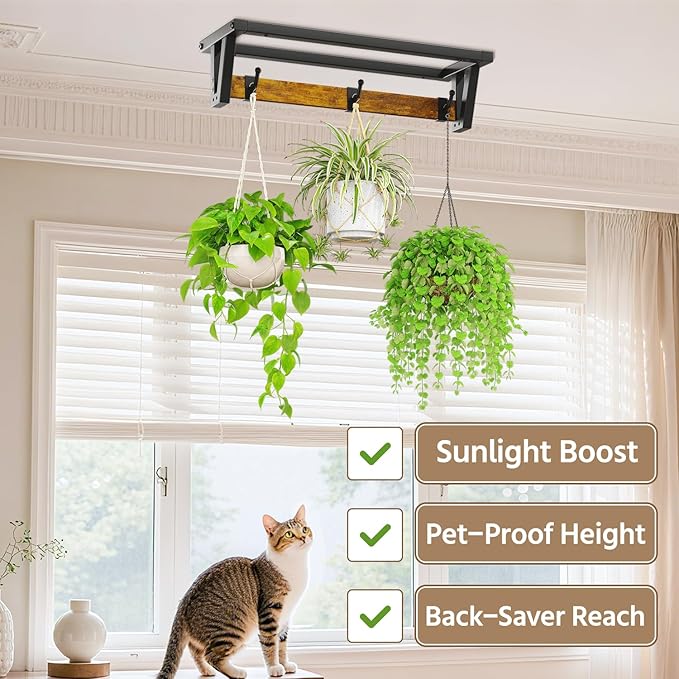 LASZOLA 2 Pcs Plant Hanger Indoor with 6 Heavy Duty Hanging Hooks, Metal and Wood Wall Mounted Plant Hanging Rod, Plant Shelves Holder Bar for Kitchen Window Ceiling (Pot/Chain/Plants not Included)