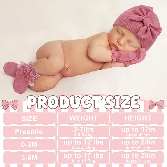 Ramede 5 Pack Preemie Newborn Hats Mittens Socks Set Cotton Bow Knot Caps Non-Scratch Gloves Ruffle Lace Socks for Girls Boys