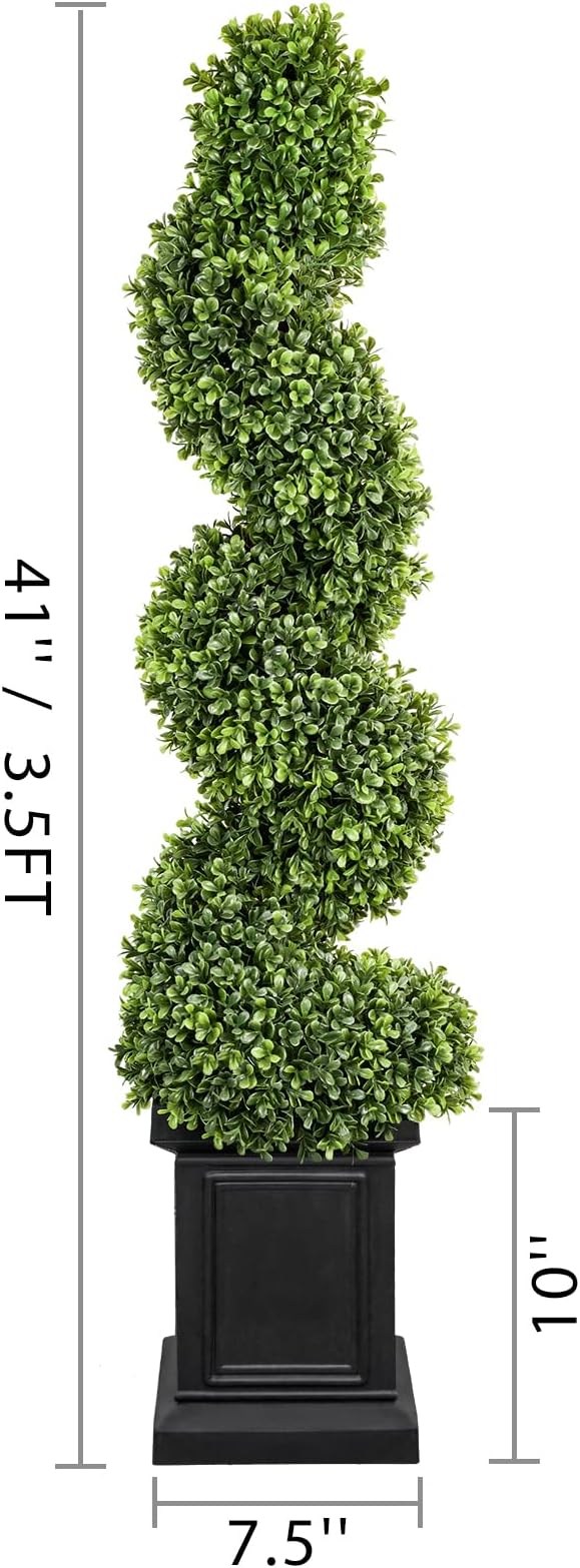 Boxwood Outdoor Topiary Set of 2, 3.5ft Tall Porch Trees, All-Year Green Fake Plant Topiary Trees Artificial Outdoor with Sturdy Pot for Porch Indoor (Spiral)